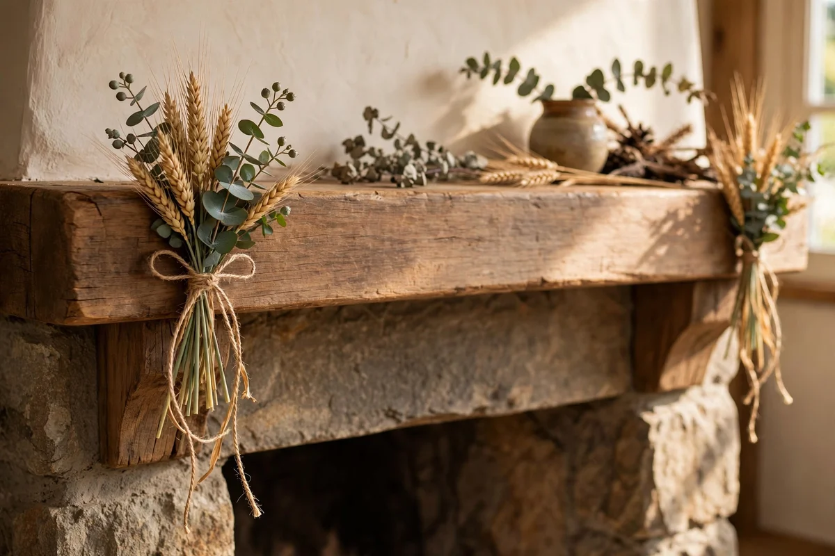 Wheat and eucalyptus swags on mantel corners