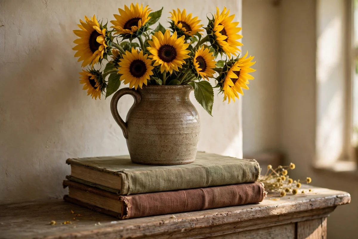 Heritage cookbooks stacked under a jug of sunflowers