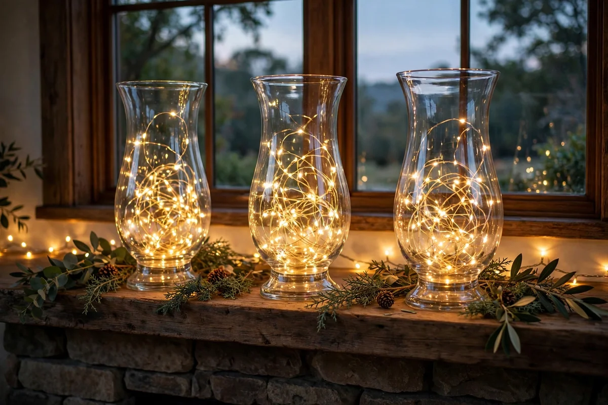 Glass hurricanes with fairy lights on a mantel