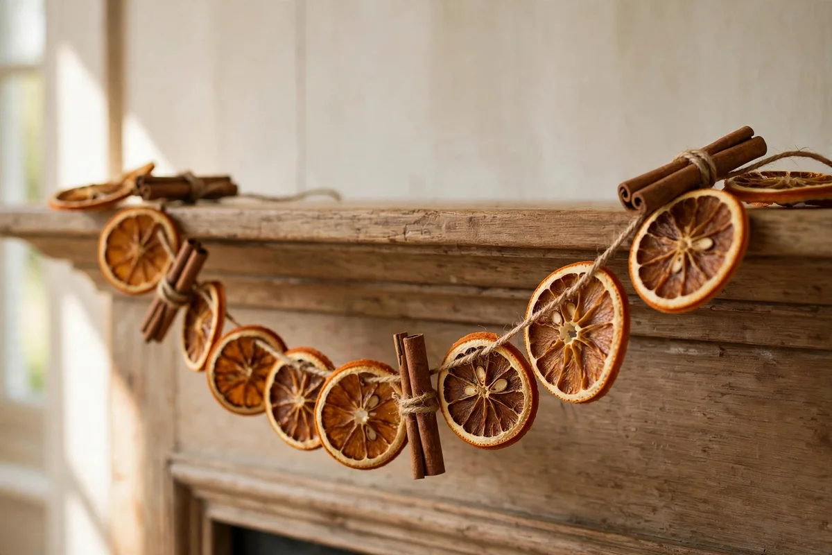 Dried orange and cinnamon garland on a mantel