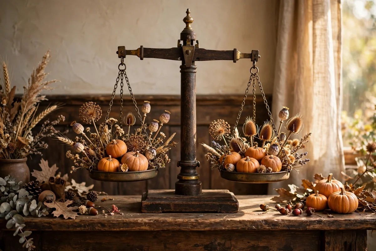 Antique balance scale centred on a mantel