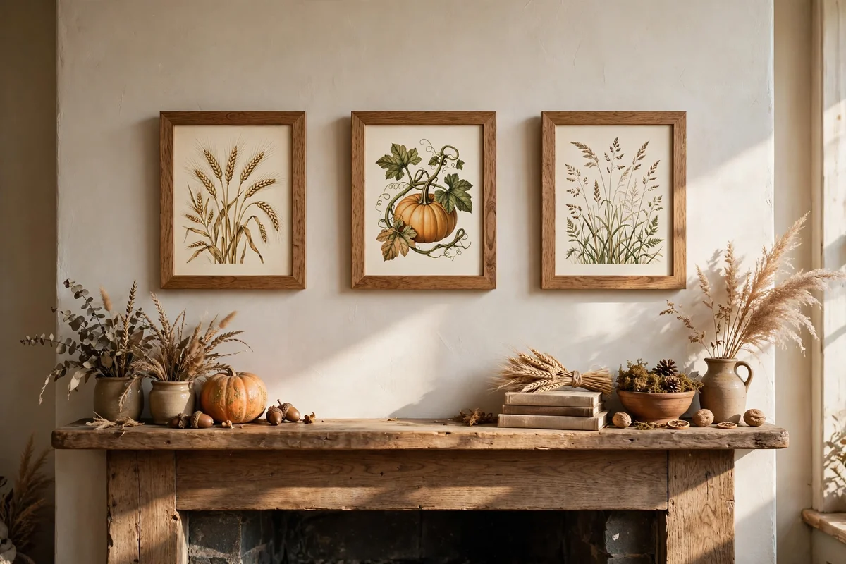 Oak framed harvest prints above a mantel