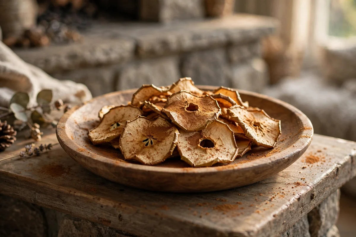 Wooden bowl of dried apple slices on a mantel