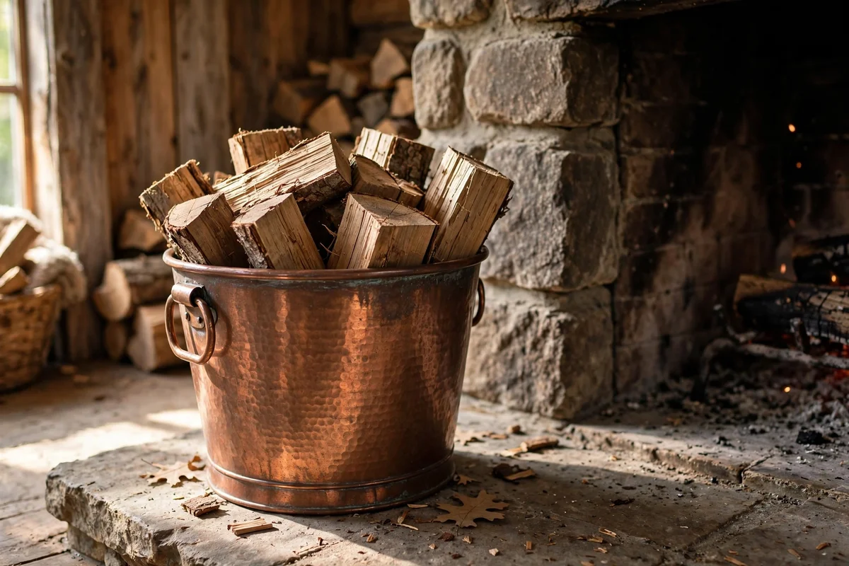Copper bucket of split logs beside a fireplace