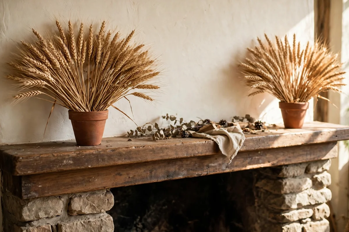 Terracotta pots of wheat at each mantel end