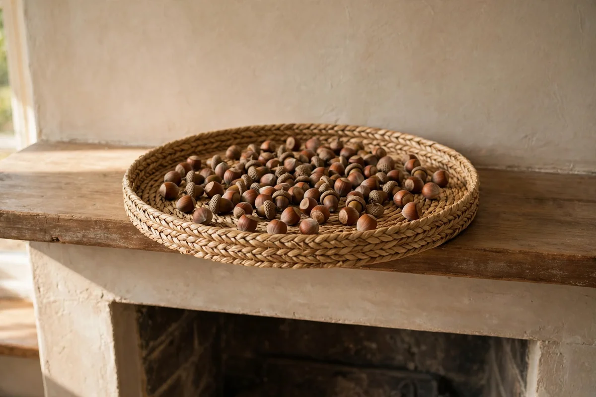 Seagrass tray of acorns and hazelnuts on a mantel