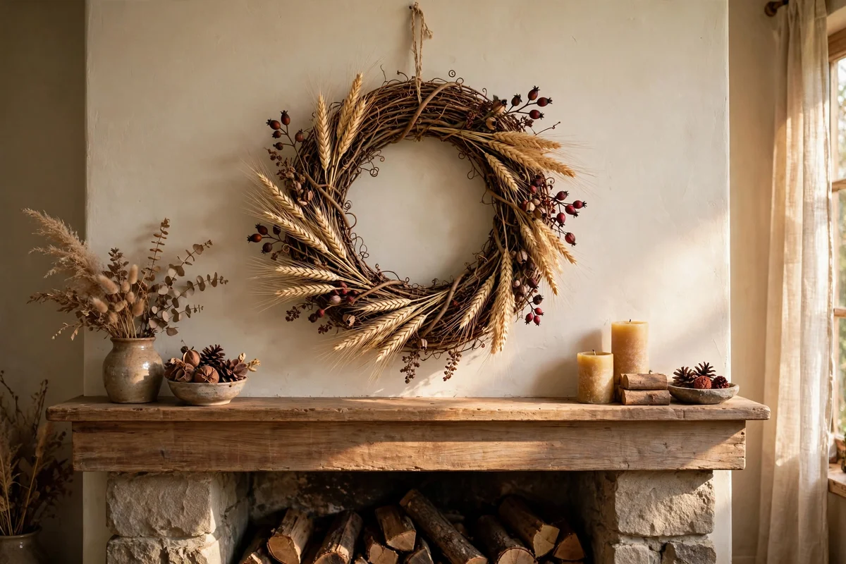 Grapevine wreath with wheat and berries above a mantel