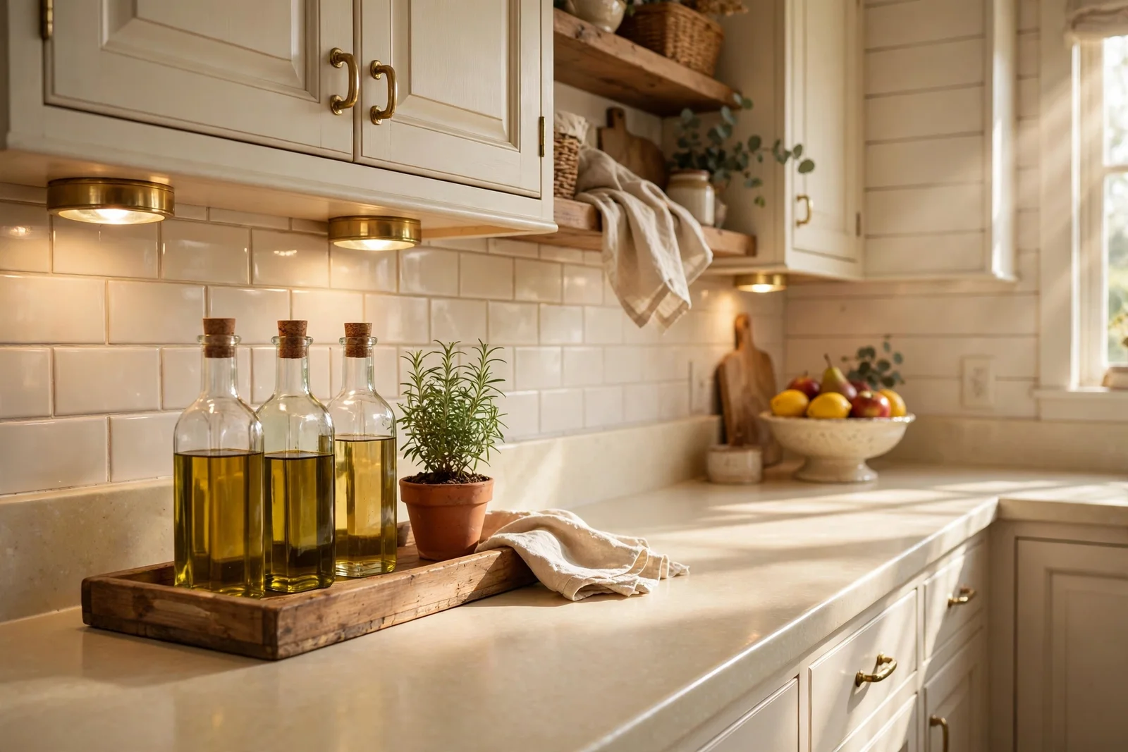 Warm farmhouse kitchen with refreshed cream laminate countertops and wooden styling tray