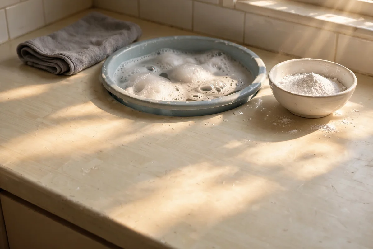 Cream laminate countertop with microfibre cloth, soapy water basin and baking soda bowl ready for degreasing