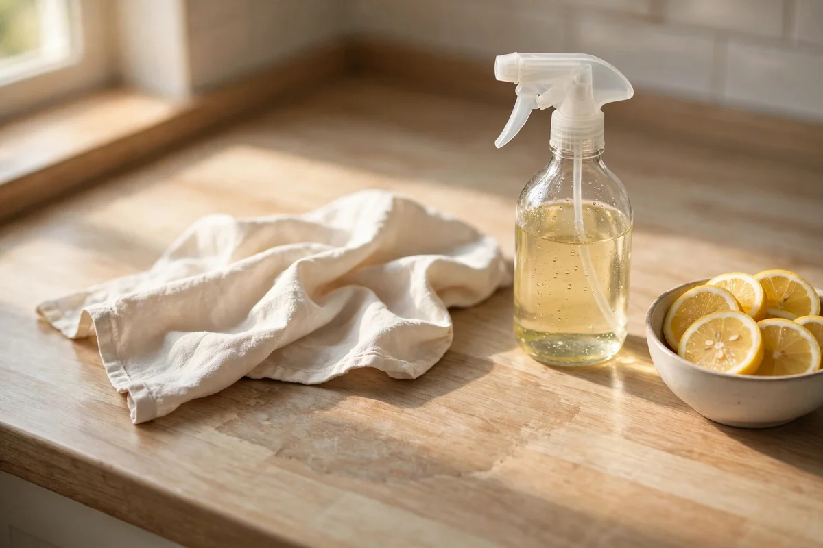 Spray bottle of vinegar solution and cloth resting on a laminate countertop for a grease soak