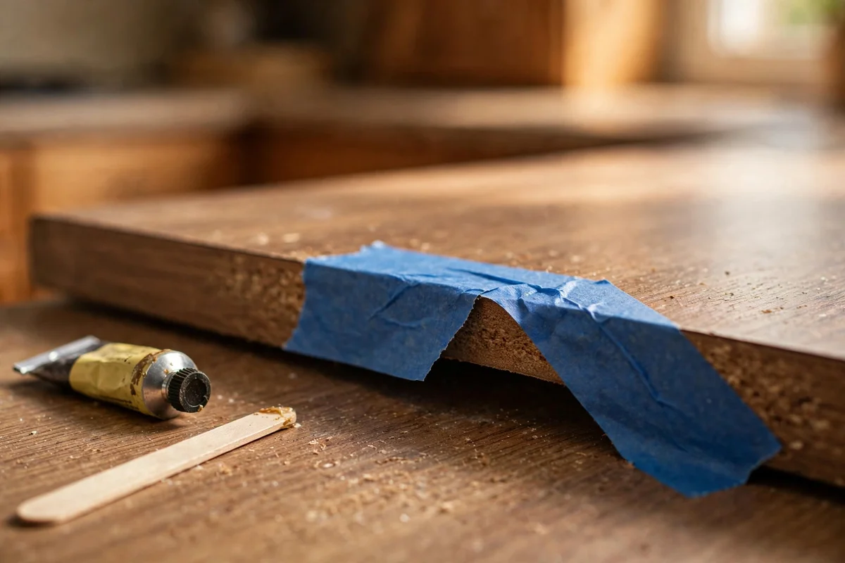 Lifting laminate edge taped down with a tube of heat resistant contact cement beside it