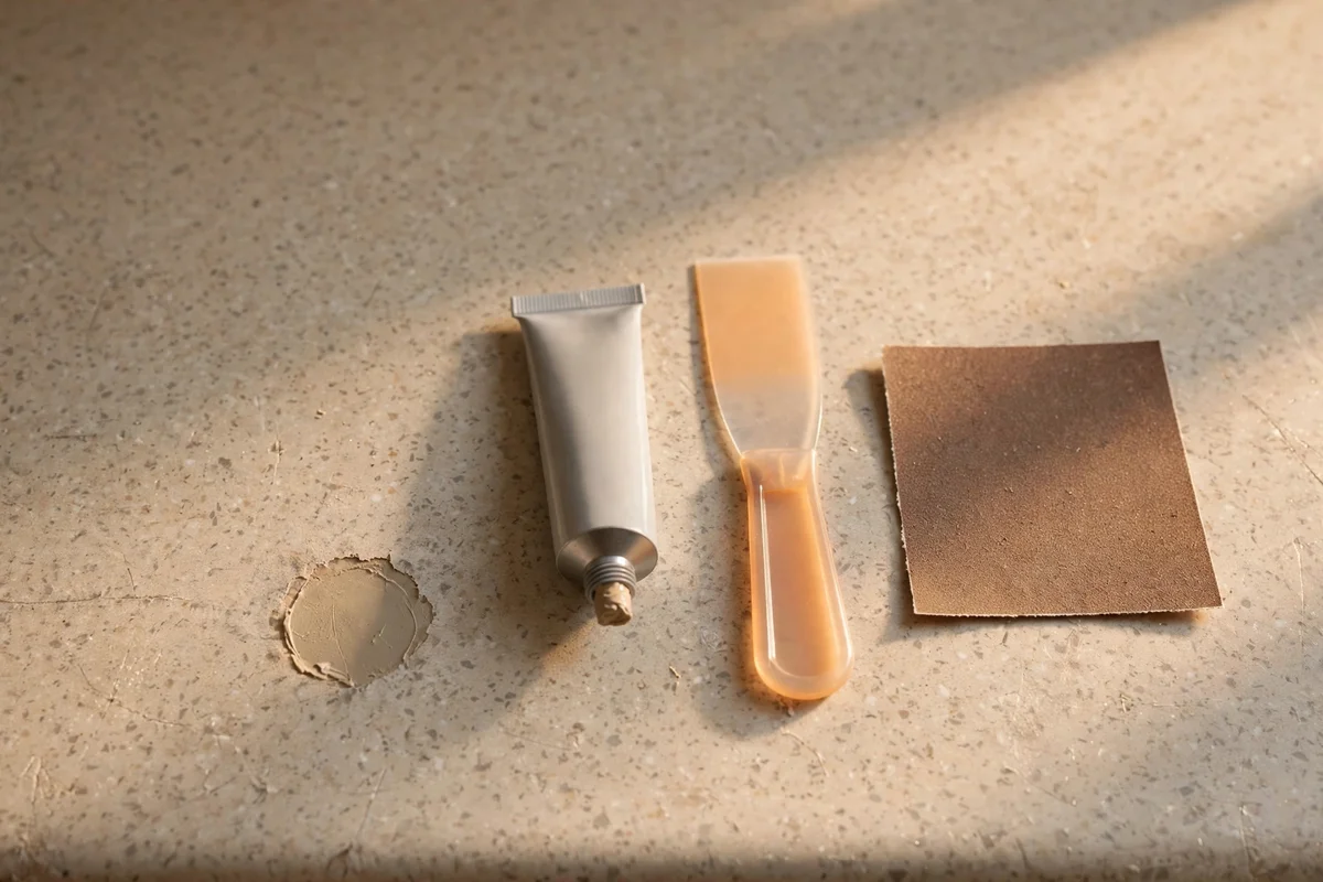 Chip repair paste, putty knife and sandpaper arranged beside a repaired chip in laminate
