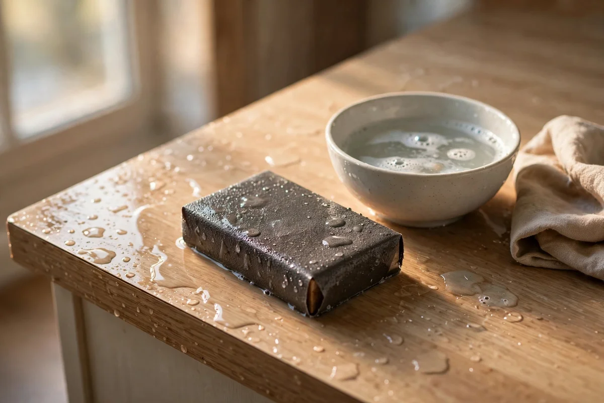 Wet sanding block, water bowl and cloth on a laminate countertop for smoothing scratches
