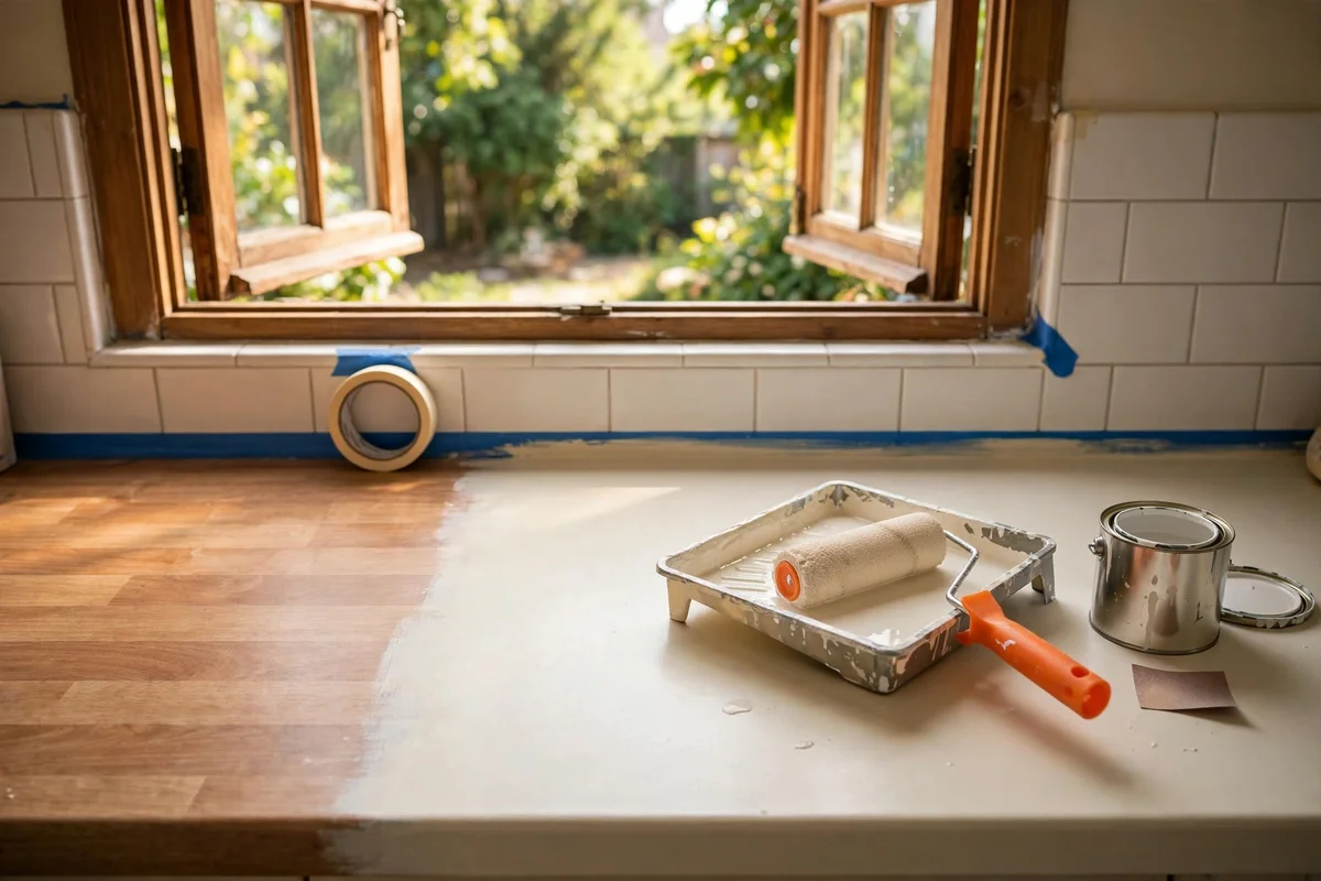 Half painted laminate countertop with bonding primer, roller and paint tin beside it