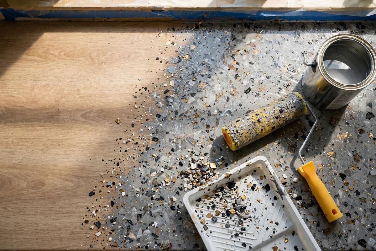 Countertop refinishing kit with mineral flecks, roller and topcoat tin on a worktop