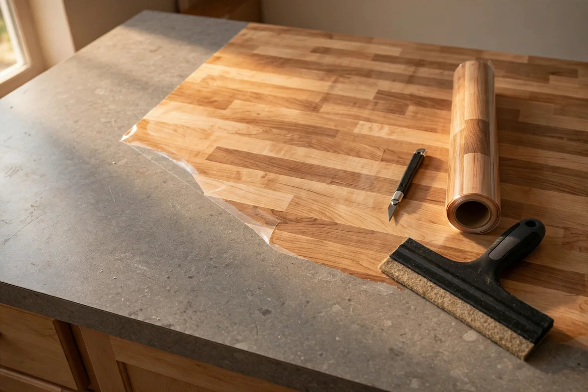 Butcher block contact film half applied to a countertop with squeegee and craft knife