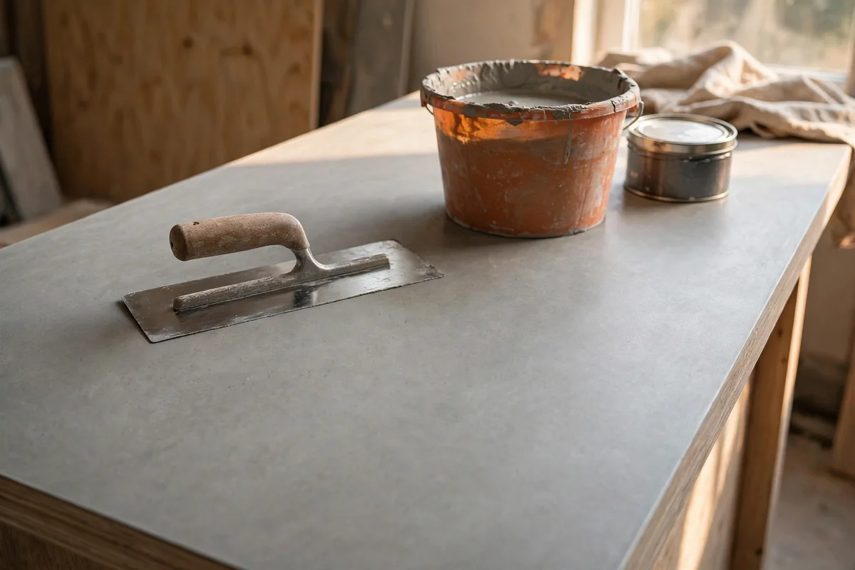 Fresh microcement overlay on a countertop with trowel, mixing bucket and sealer