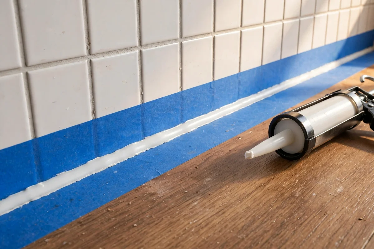 Fresh silicone bead along the splashback joint with caulking gun and masking tape