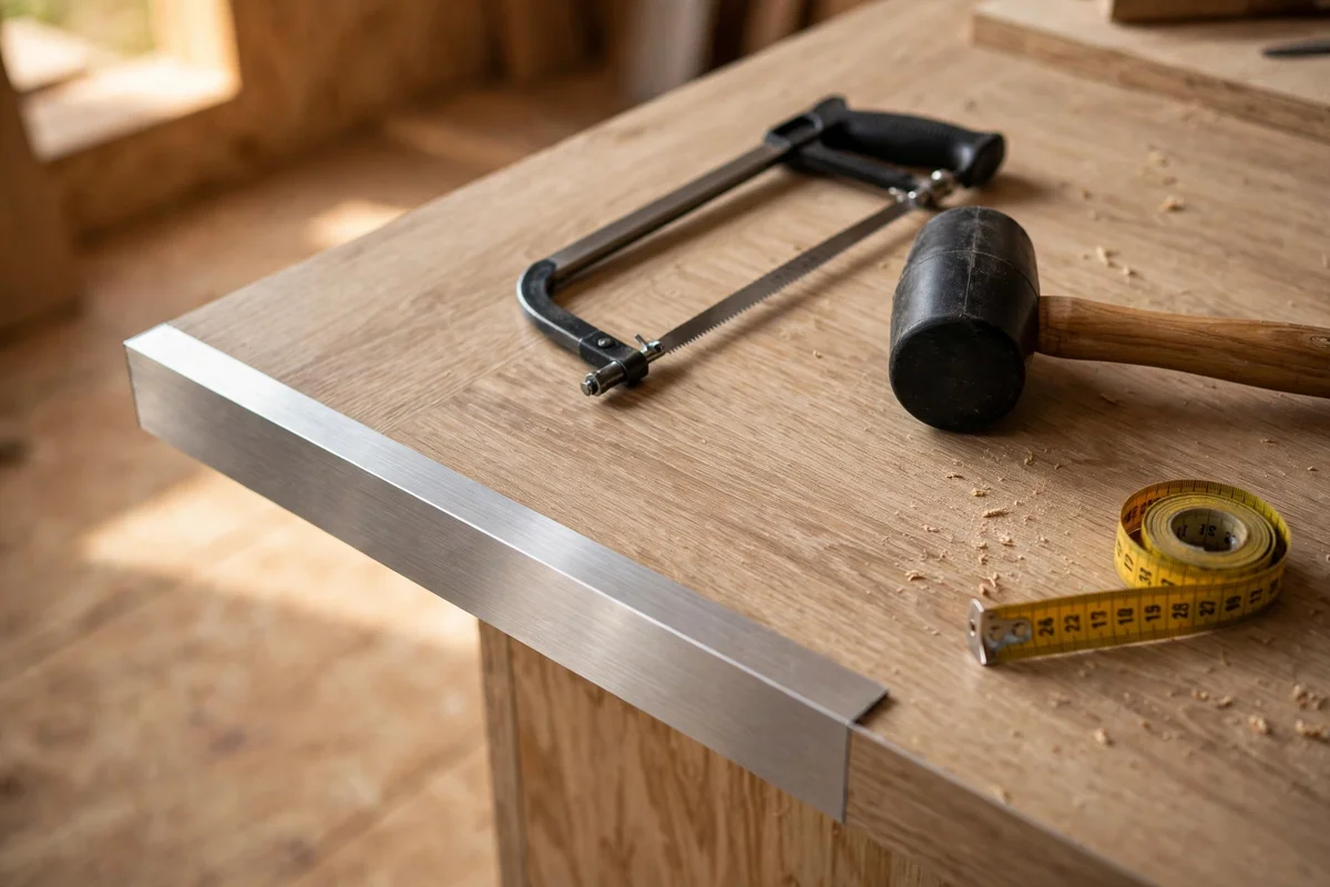 Brushed metal edge profile fitted to a worktop with mallet and measuring tape nearby