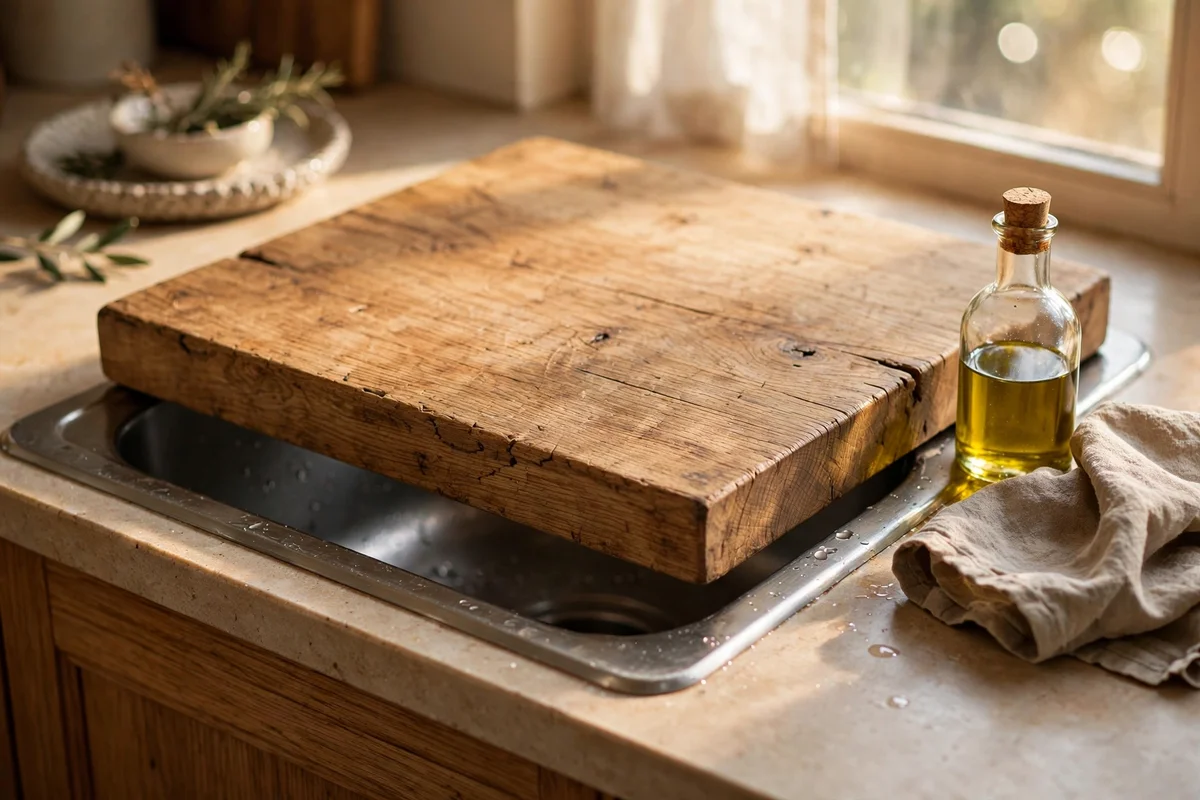 Thick oak board fitted over a kitchen sink as extra prep space