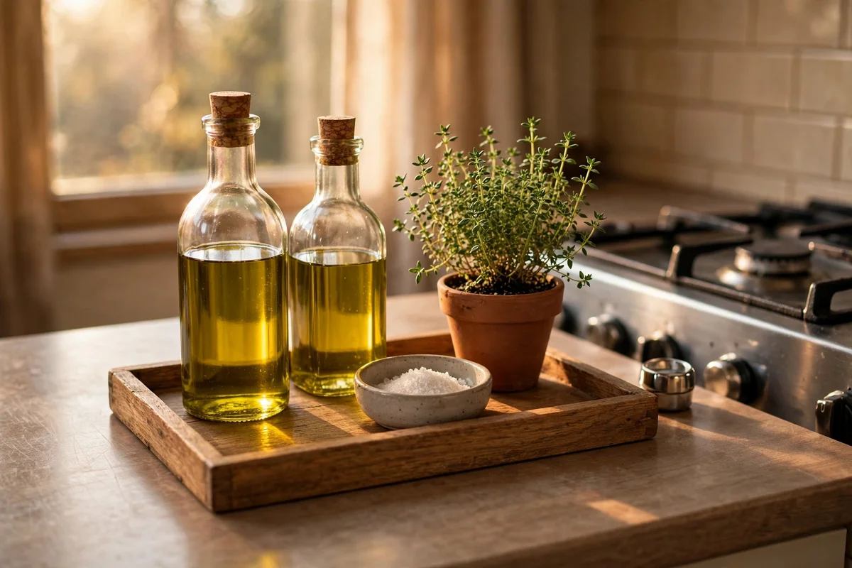 Wooden tray with oil bottles, salt dish and potted herb styled beside the cooker