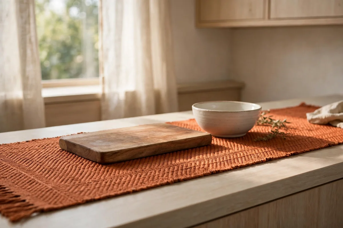 Terracotta runner mat with chopping board and bowl on a kitchen counter