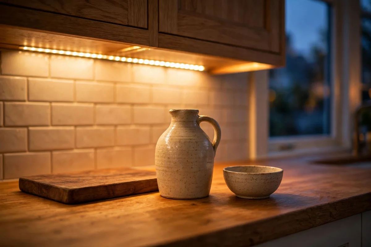 Countertop glowing under warm under cabinet lighting with jug and board