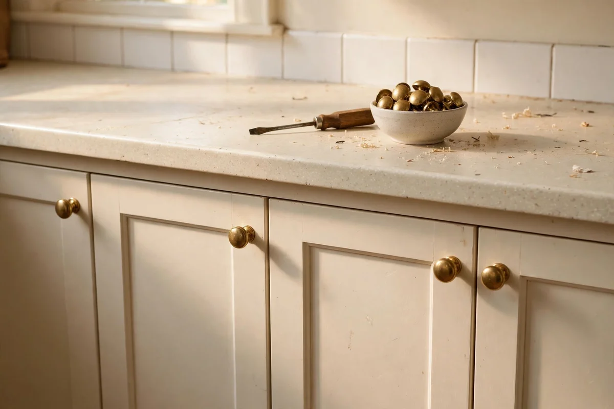 Cabinet doors with new brass knobs above a cream laminate countertop