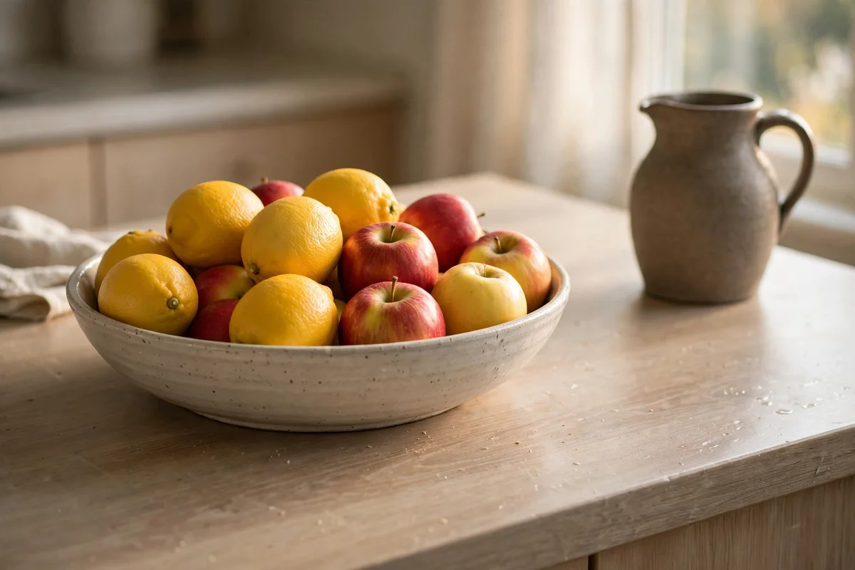 Ceramic bowl of fruit and stoneware jug styled at the end of a countertop