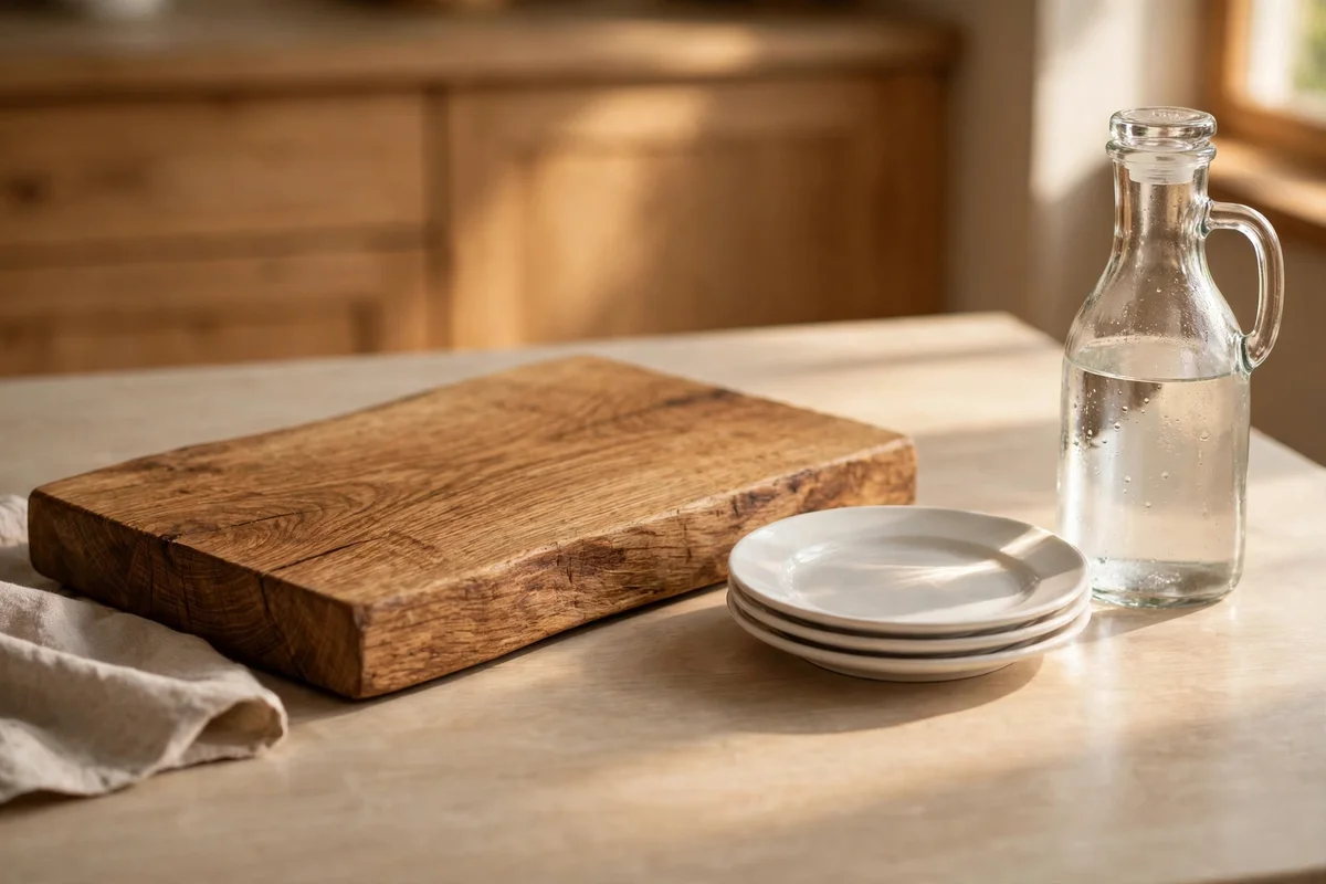 Oak serving board with plates and glass carafe arranged on a countertop