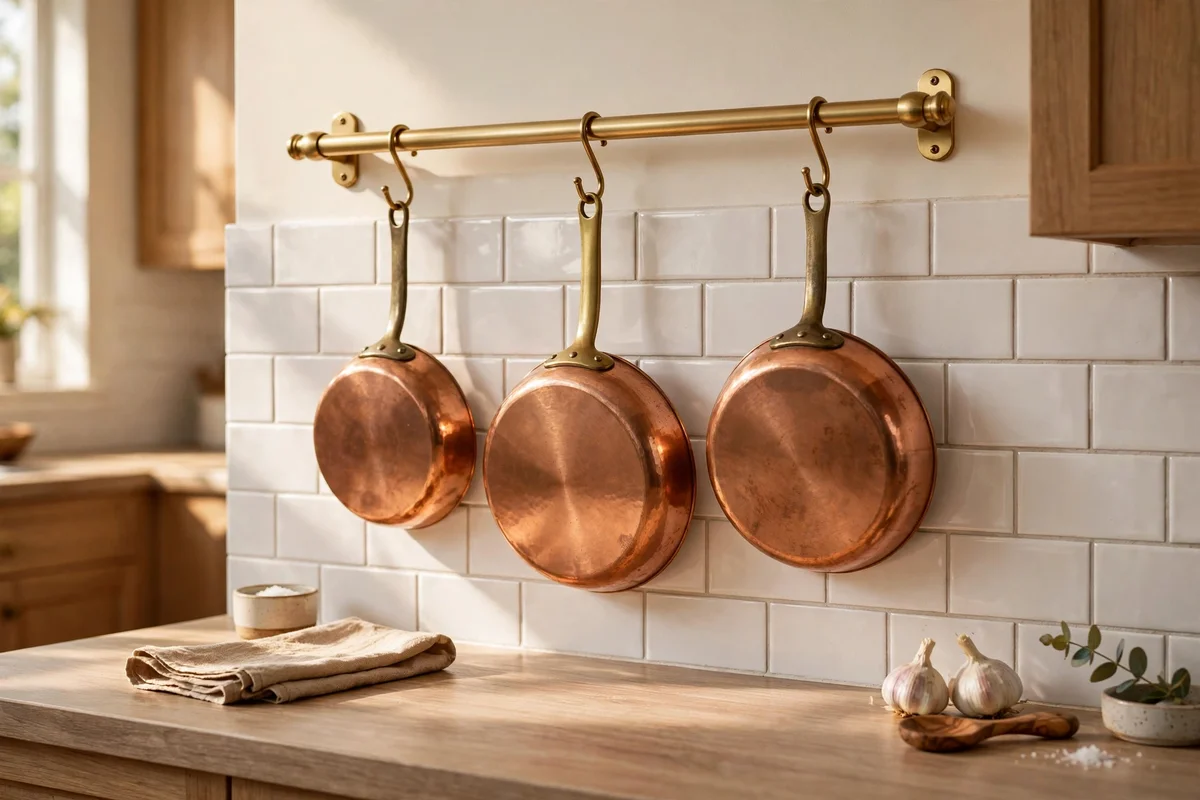 Brass rail with hanging copper pans above a kitchen countertop