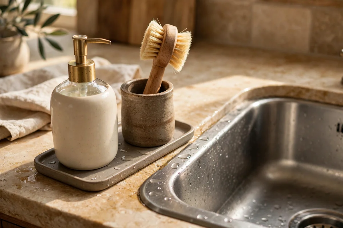 Ceramic soap dispenser and wooden brush set on a drip tray by the sink