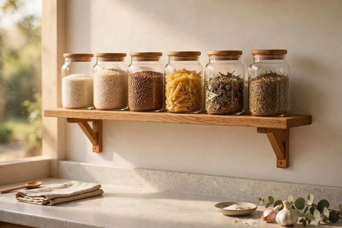 Open oak shelf with glass pantry jars mounted above a kitchen countertop