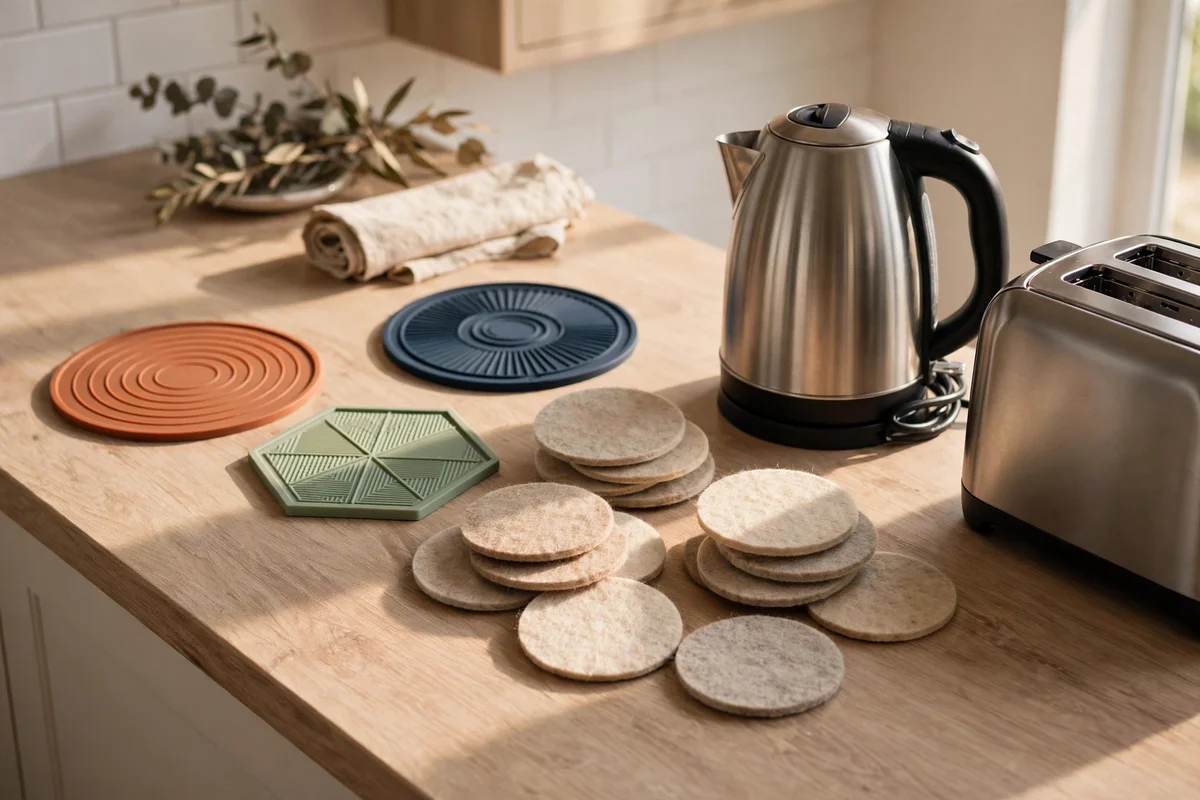 Silicone trivets and felt pads protecting a refreshed laminate countertop