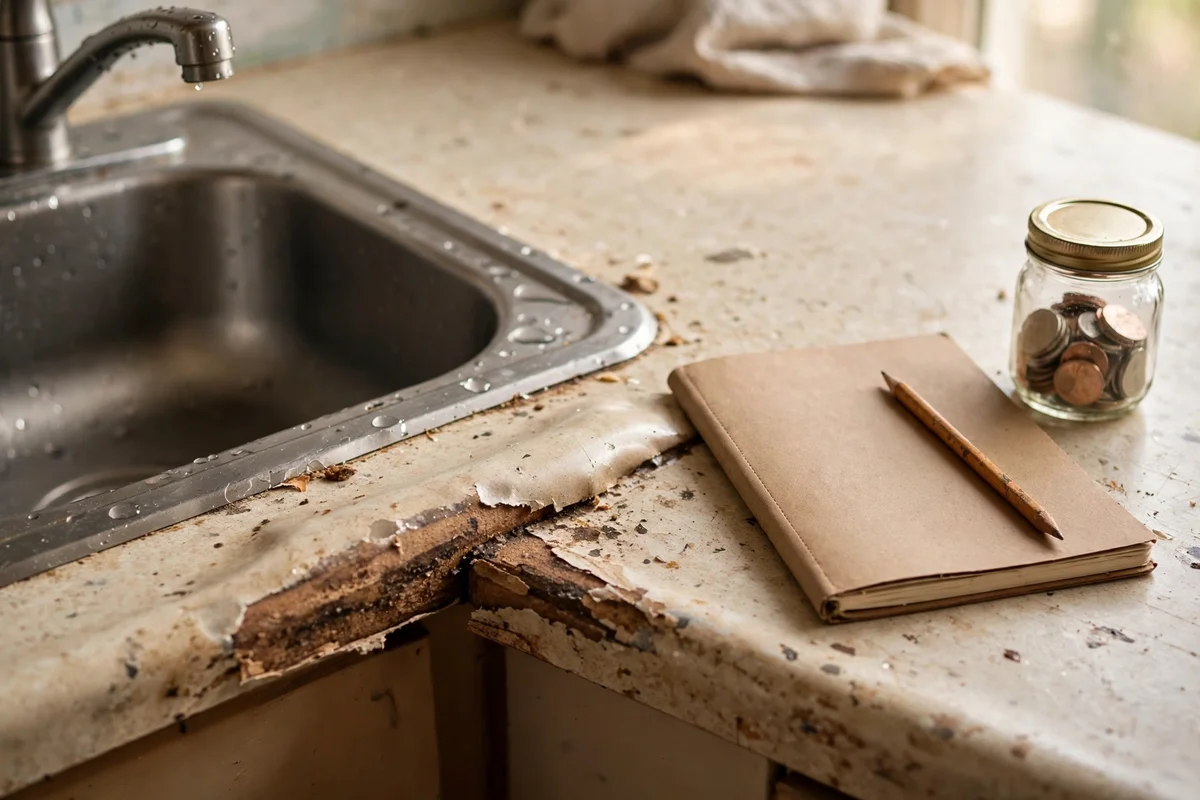Worn laminate countertop edge with notebook and savings jar for replacement planning