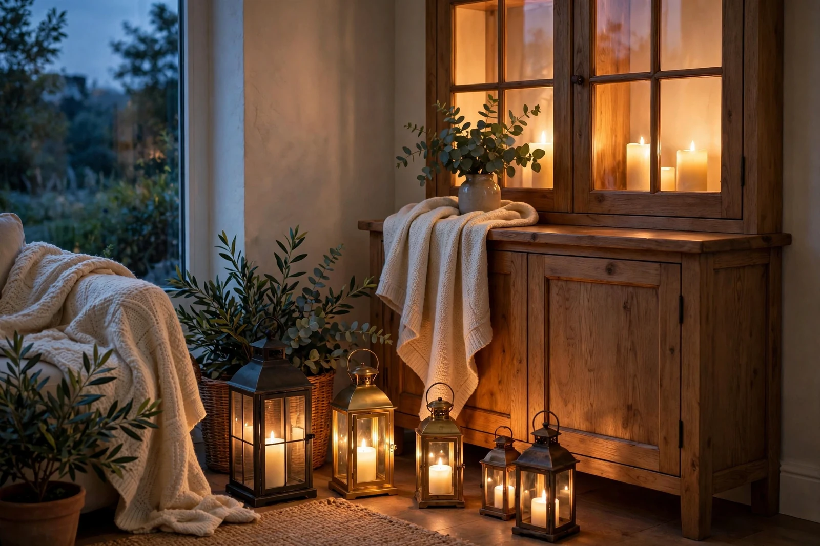 Glowing lanterns of different sizes arranged in a cozy living room corner at dusk