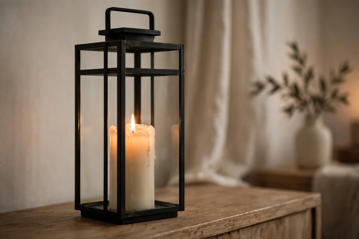 Tall black metal lantern with a single glowing ivory pillar candle on a console
