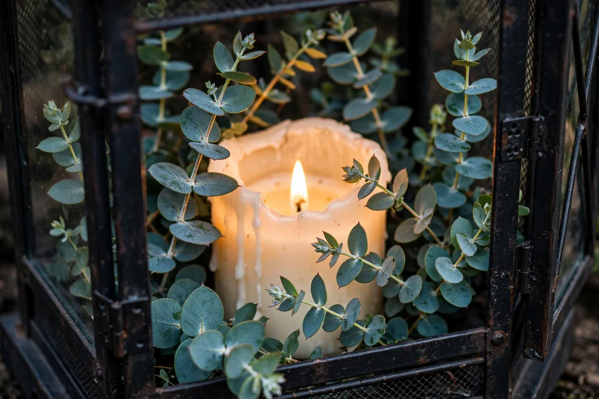 Black metal lantern with eucalyptus stems around a glowing candle