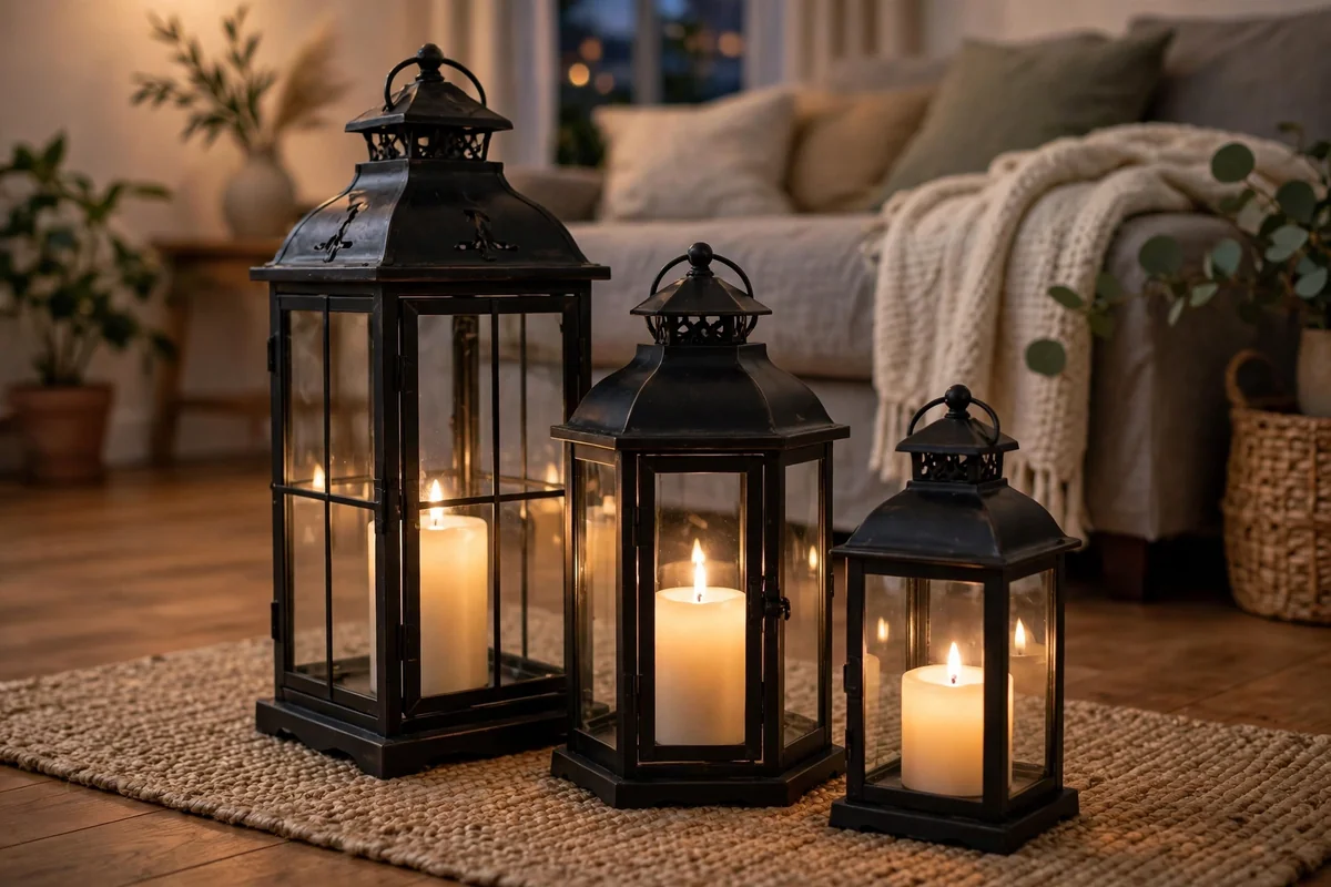 Three lanterns in tall, medium and short heights glowing on a floor