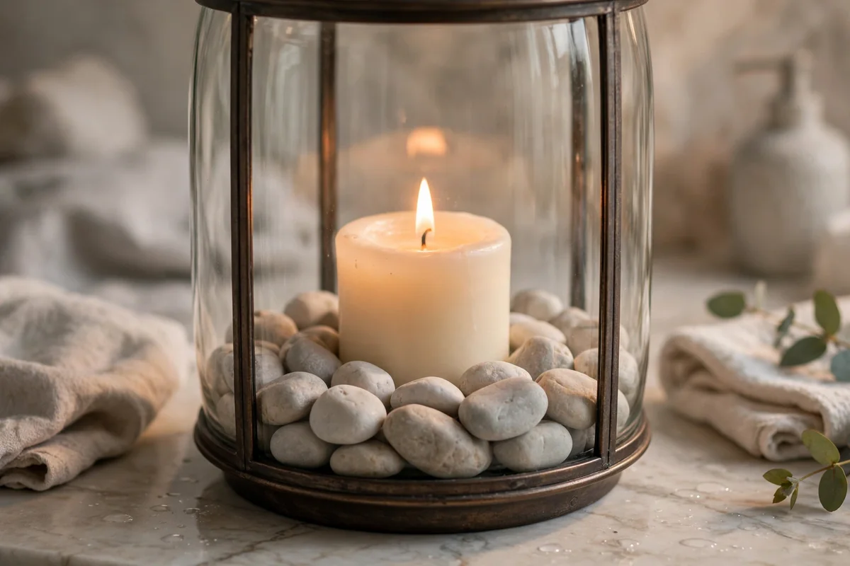 Wide glass lantern with pale river stones and a glowing candle on a bathroom counter