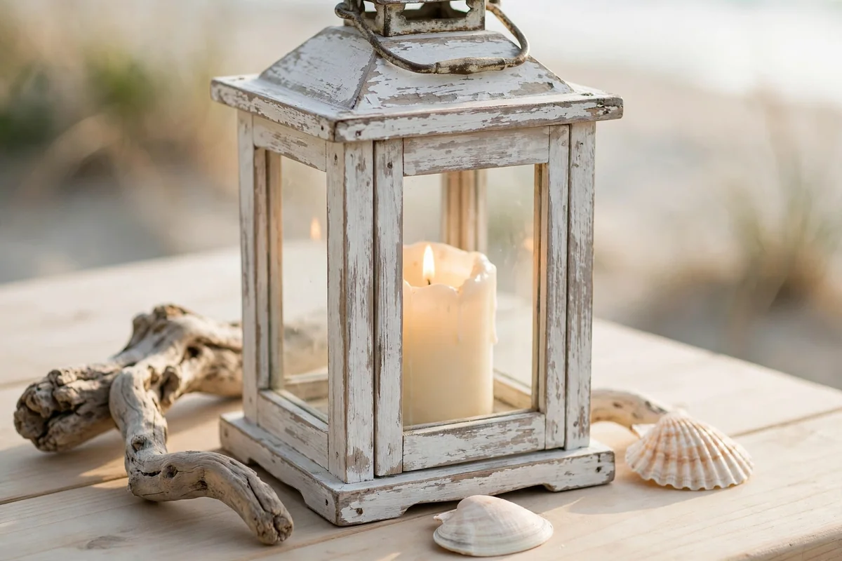 Weathered white wood lantern with driftwood, shells and a glowing candle