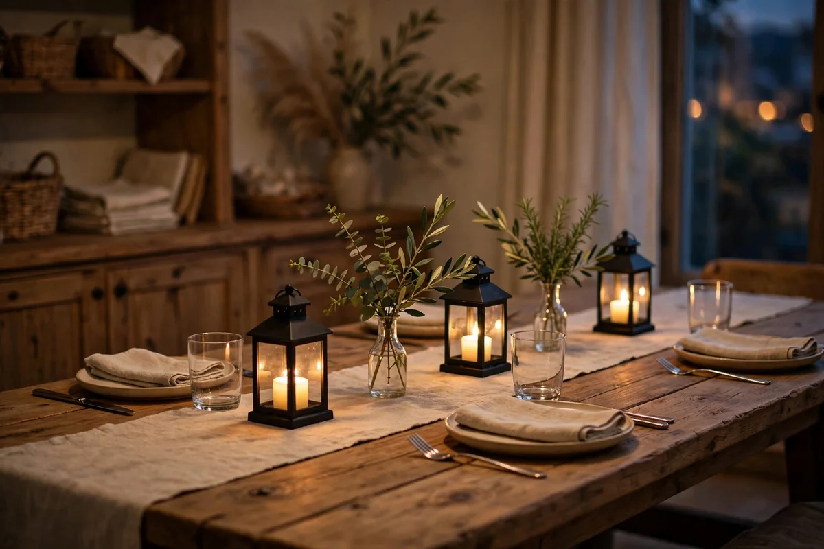 Long dining table with small glowing lanterns down the center