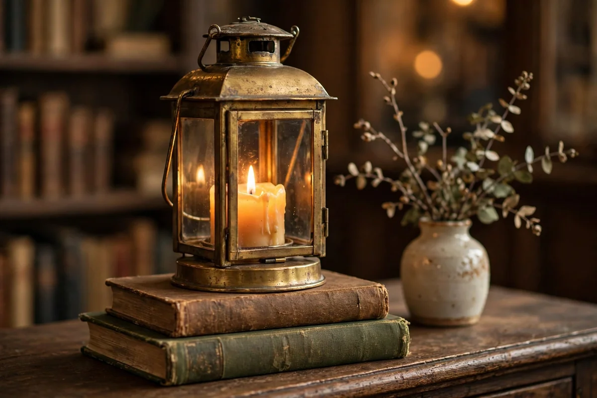 Brass lantern with glowing candle on a stack of vintage books