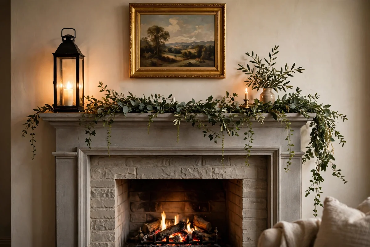 Fireplace mantel with a tall glowing lantern and trailing greenery garland