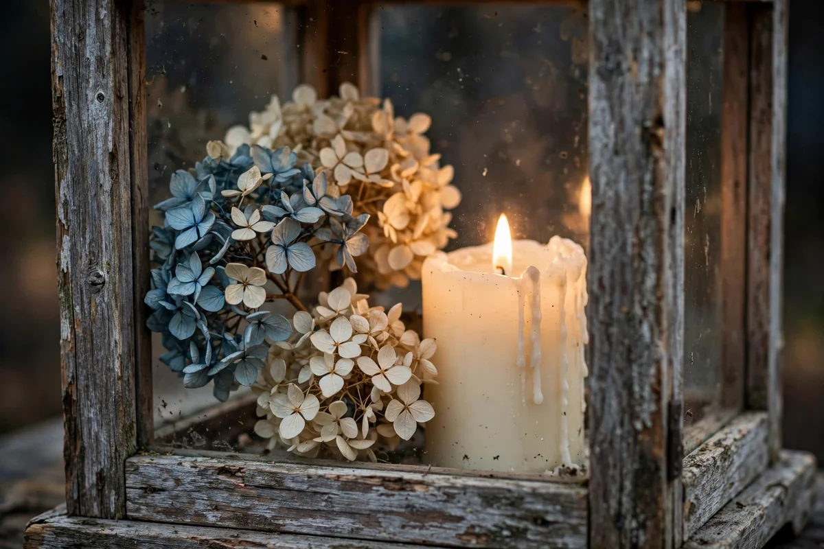 Weathered wood lantern with dried hydrangeas beside a glowing candle