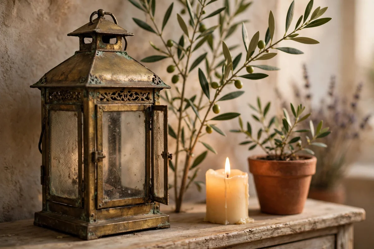 Aged brass lantern with olive branches beside a glowing pillar candle