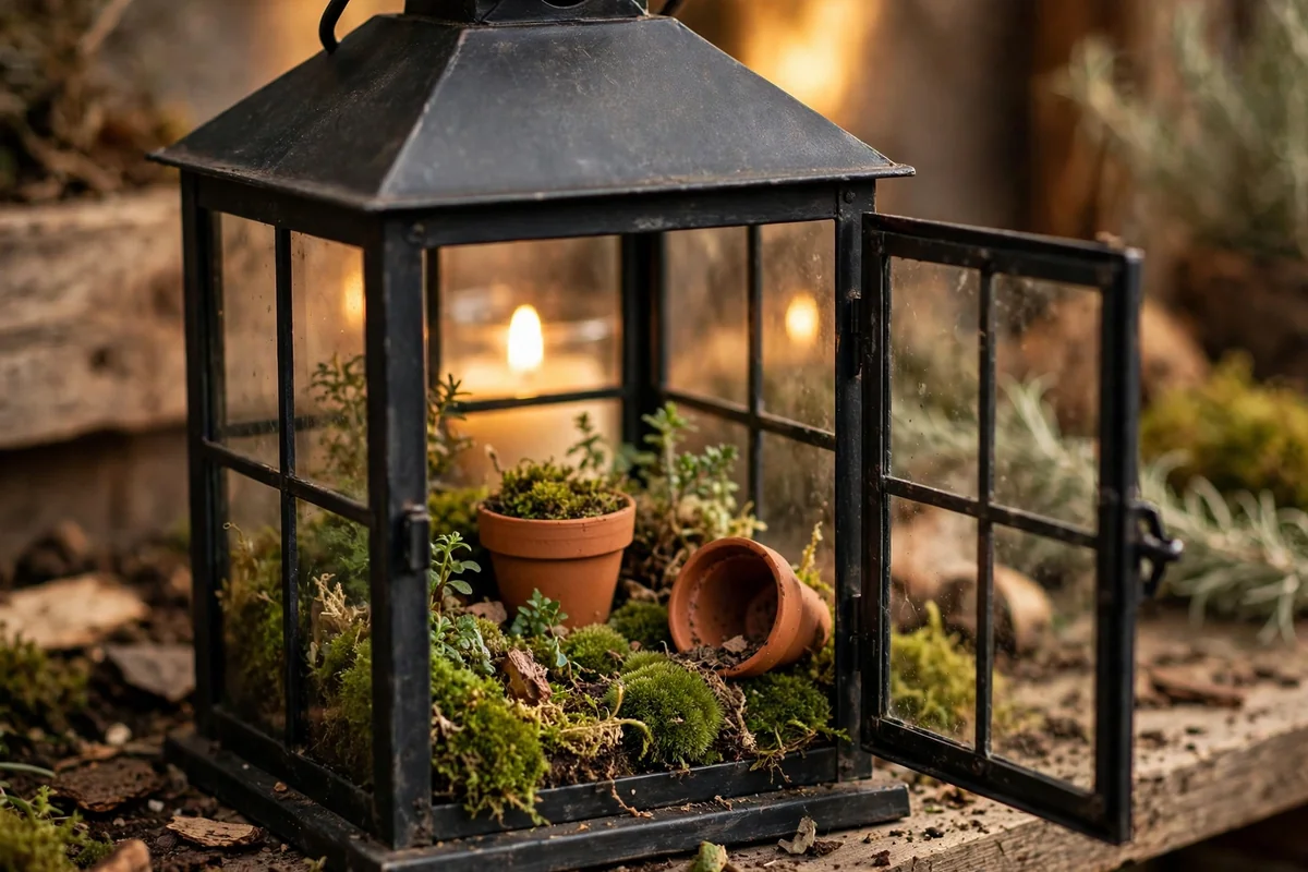 Large black lantern with moss, terracotta pots and a glowing candle