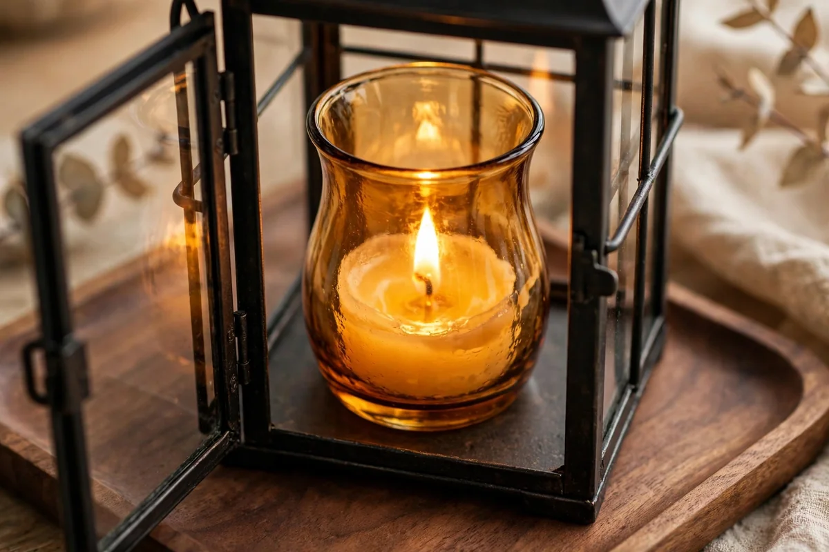 Black metal lantern with an amber glass hurricane and glowing candle inside