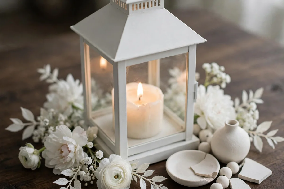 Matte white lantern with ivory candle, white flowers and ceramics on dark wood