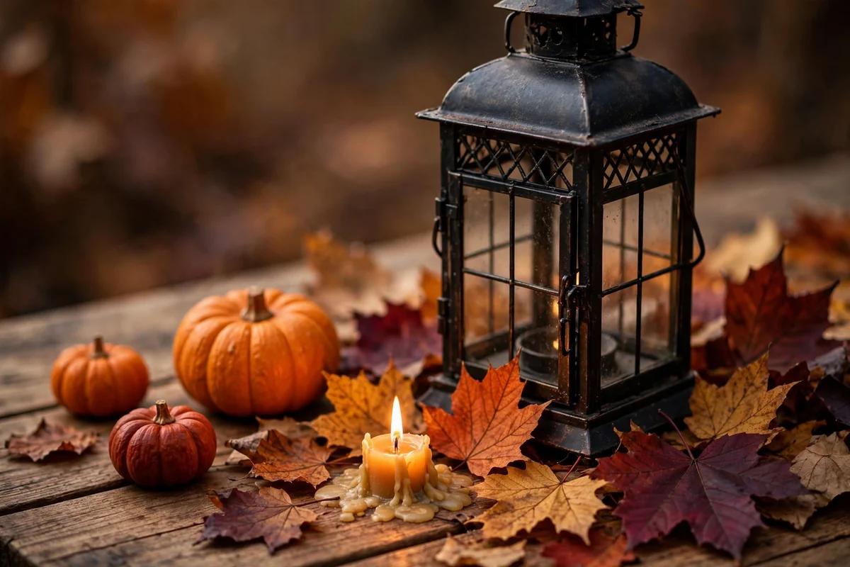 Black metal lantern with autumn leaves in rust and ochre around a candle